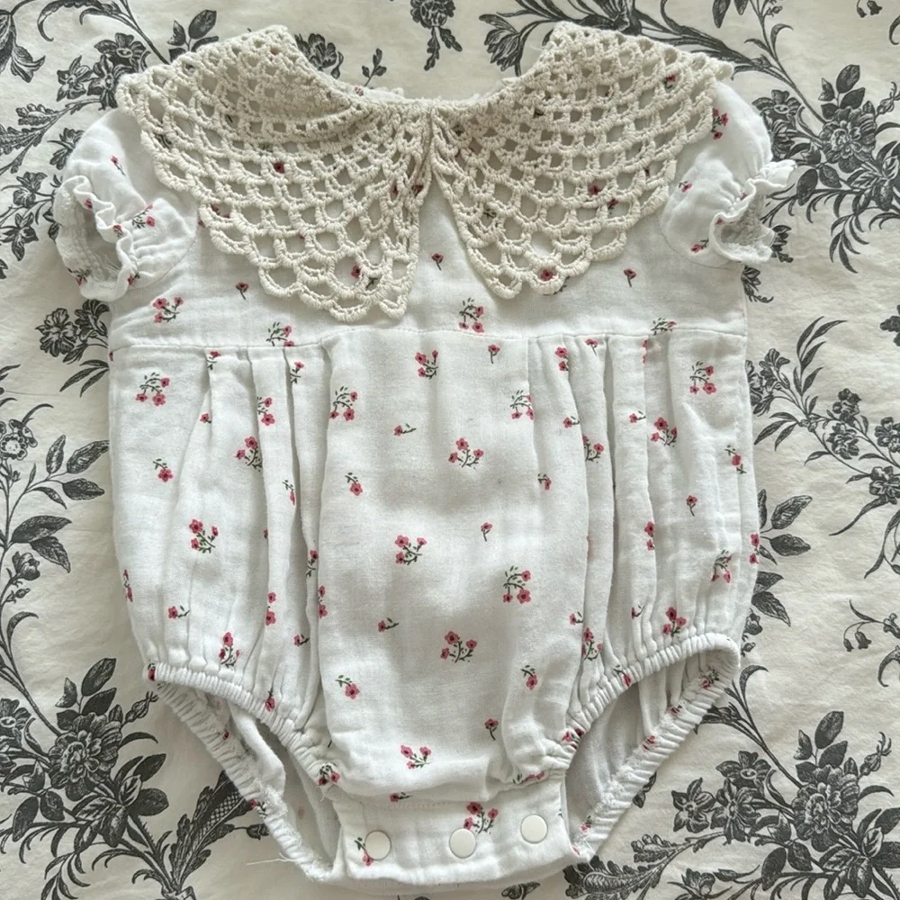 Floral White Baby Romper with Crochet Collar